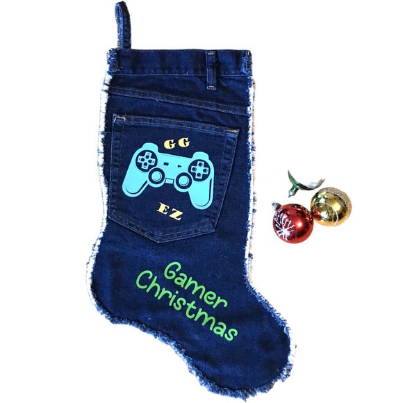 Handmade Denim Christmas Stocking w/Jean Pocket: Gamer Controller Graphic, M-L - Picture 1 of 8